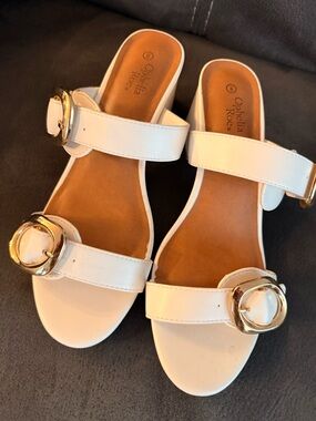 Ophelia Rose White Double-Strap Slide Mules with Gold Buckles